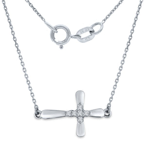 14k White Gold & Diamond Sideways Cross Necklace, 18" (0.08 Cttw, H-I Color, I1-I2)
