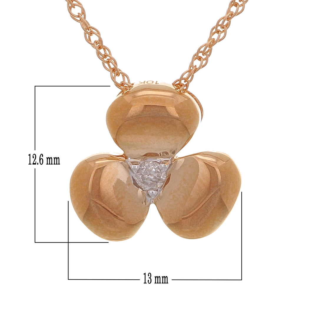10k Yellow, White or Rose Gold & 1/20 Ct Diamond Three-Petaled Flower Hidden Bail Pendant Necklace, 18