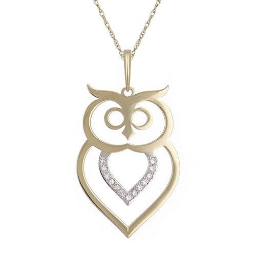 10k Yellow Gold Diamond-Studded Owl Motif Pendant Necklace (0.03 cttw, I-J Color, I1-I2 Clarity), 18