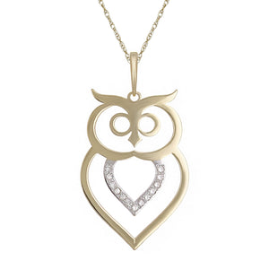 10k Yellow Gold Diamond-Studded Owl Motif Pendant Necklace (0.03 cttw, I-J Color, I1-I2 Clarity), 18"