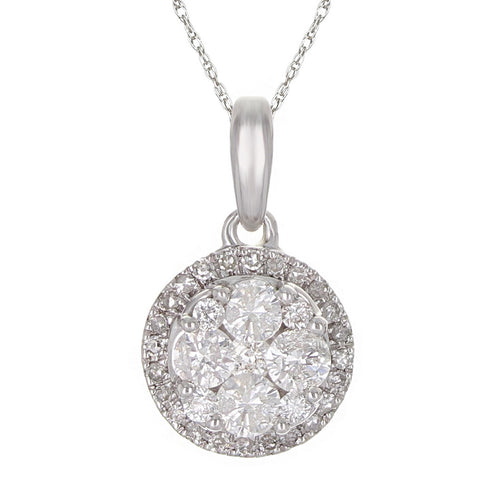 10k White Gold and Round Diamond Cluster Halo Pendant Necklace (0.70 cttw, I-J Color, I1-I2 Clarity), 18