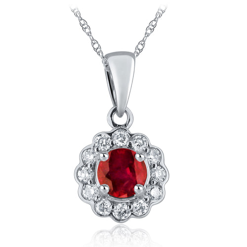 14k White Gold 0.60 Ct Ruby Gemstone and Diamond Halo Pendant Necklace (0.14 cttw, H-I Color, I1-I2 Clarity), 18