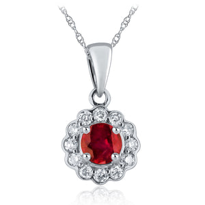 14k White Gold 0.60 Ct Ruby Gemstone and Diamond Halo Pendant Necklace (0.14 cttw, H-I Color, I1-I2 Clarity), 18"