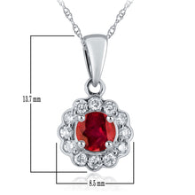 Load image into Gallery viewer, 14k White Gold 0.60 Ct Ruby Gemstone and Diamond Halo Pendant Necklace (0.14 cttw, H-I Color, I1-I2 Clarity), 18&quot;