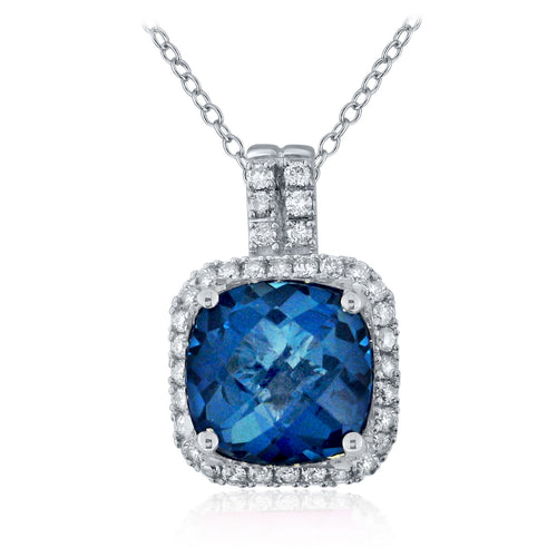 14k White Gold 4.0CTW Cushion Cut Blue Topaz and Diamond Halo Pendant Necklace (0.40 cttw, H-I Color, I1-I2 Clarity), 18