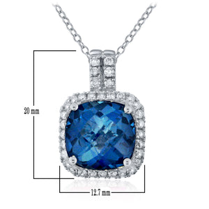 14k White Gold 4.0CTW Cushion Cut Blue Topaz and Diamond Halo Pendant Necklace (0.40 cttw, H-I Color, I1-I2 Clarity), 18"