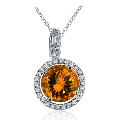 14k White Gold 3.35 Ct Floating Round Citrine and Diamond Halo Pendant Necklace (0.40 cttw, H-I Color, I1-I2 Clarity), 18