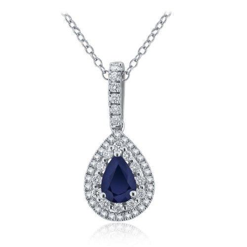 14k White Gold 0.80 Ct Pear Shaped Sapphire in Diamond Halo Tear Drop Pendant Necklace (0.32 cttw, H-I Color, I1-I2 Clarity), 18