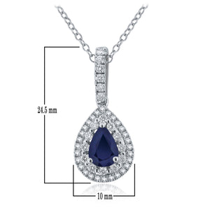 14k White Gold 0.80 Ct Pear Shaped Sapphire in Diamond Halo Tear Drop Pendant Necklace (0.32 cttw, H-I Color, I1-I2 Clarity), 18"