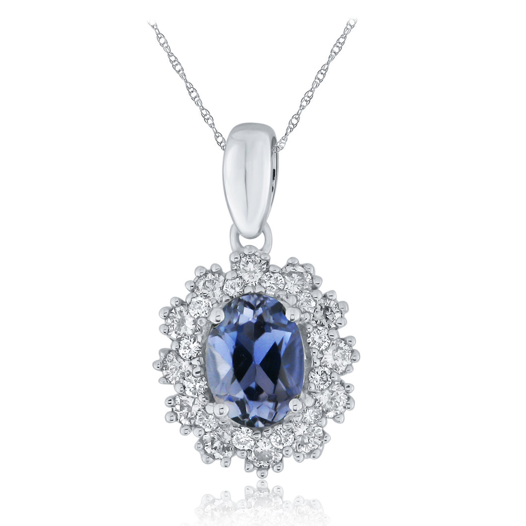 14k White Gold and 0.70 Ct Oval Blue Tanzanite Surrounded by Diamonds Pendant Necklace (0.52 cttw, H-I Color, I1-I2 Clarity), 18
