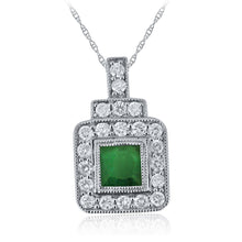 Load image into Gallery viewer, 14k White Gold 0.45 Ct Square Cut Emerald and Diamond Art Deco Style Pendant Necklace (0.32 cttw, H-I Color, I1-I2 Clarity), 18&quot;