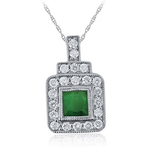 14k White Gold 0.45 Ct Square Cut Emerald and Diamond Art Deco Style Pendant Necklace (0.32 cttw, H-I Color, I1-I2 Clarity), 18