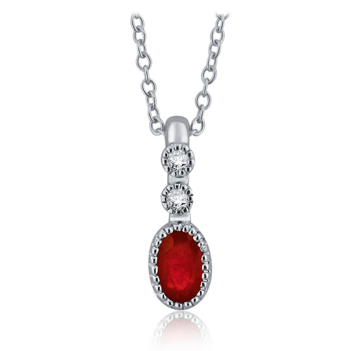 14k White Gold 0.35 Ct Ruby Gemstone and Diamond Oval Pendant Necklace with Extended Bail (0.03 cttw, H-I Color, I1-I2 Clarity), 18