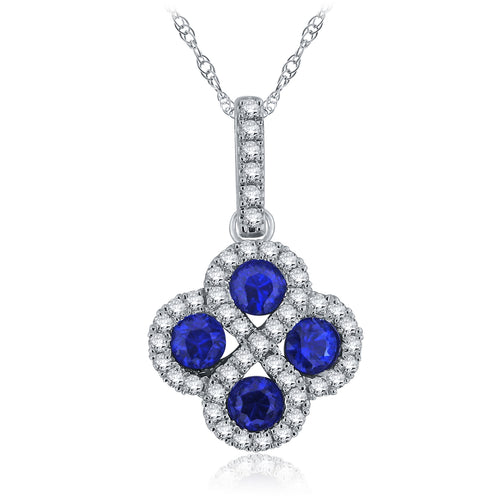 14k White Gold 0.60 Ct Sapphire and Diamond Infinity Four Leaf Style Pendant Necklace with Extended Bail (0.23 cttw, H-I Color, I1-I2 Clarity), 18