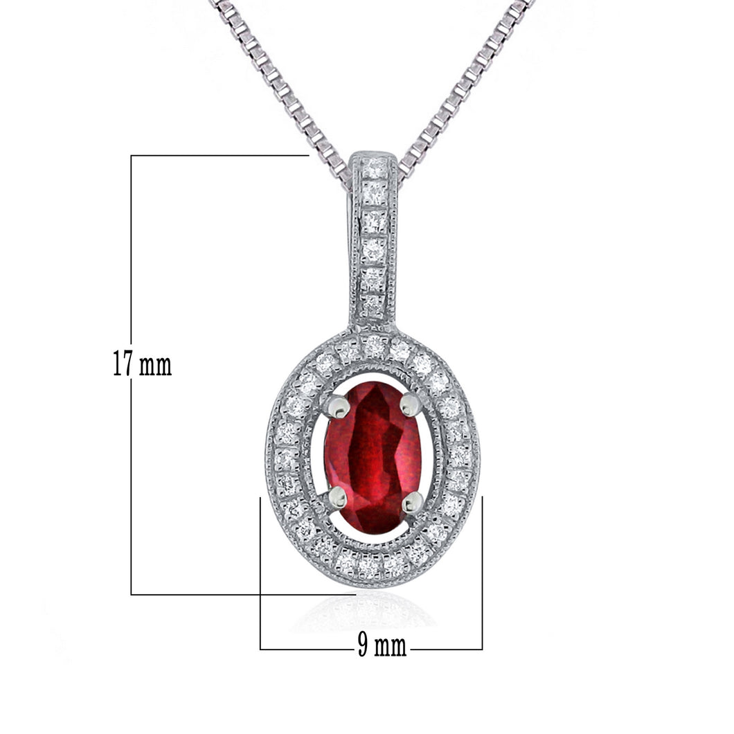14k White Gold Oval Ruby, Emerald or Sapphire Gemstone Pendant with Diamond-Accented Halo on 18