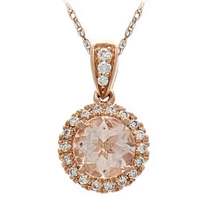 14k Rose Gold, Morganite & 1/8 Cttw Diamond Halo 5/8" Pendant Necklace, 18" (H-I Color, I1-I2 Clarity)